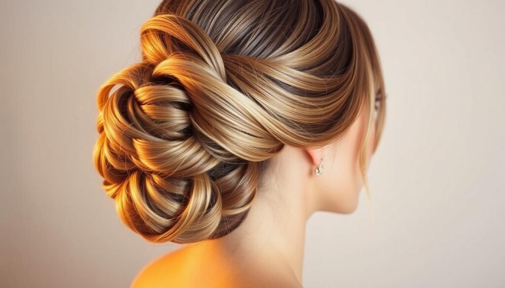 Micro ring hair extensions styled in an elegant updo